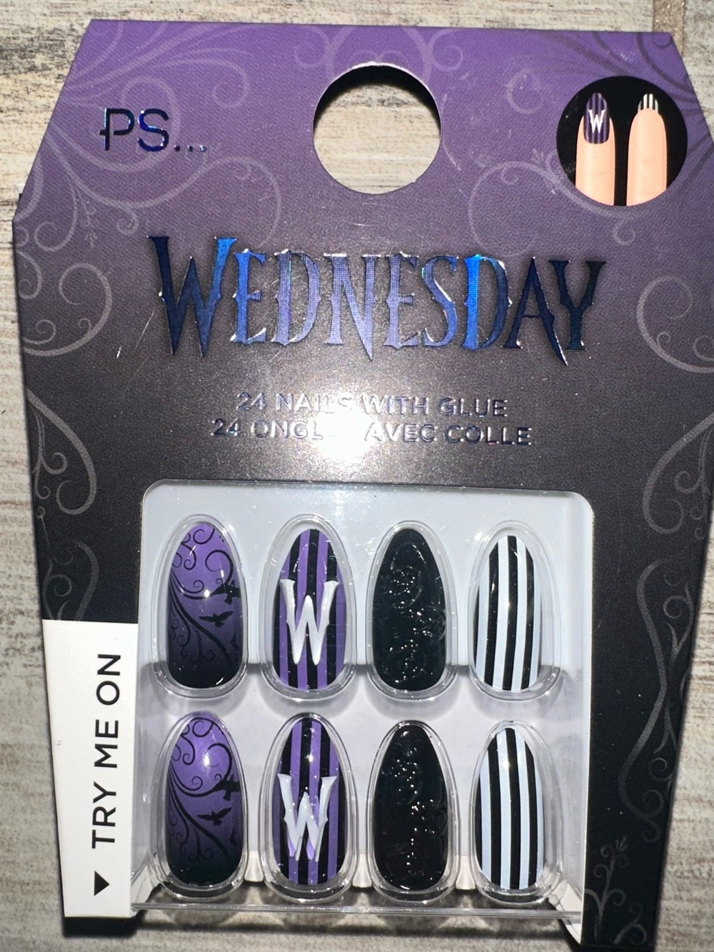 Wednesday Themed Press-On Nails - Purple, Black & White 🤌🏼🕰️